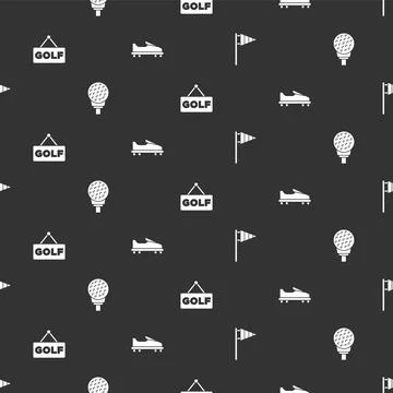 Set Golf flag, ball on tee, label and shoe on seamless pattern. Vector Stock Illustration