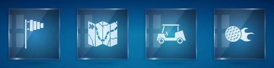 Set Golf flag, course layout, car and ball. Square glass panels. Vector Stockillustratie
