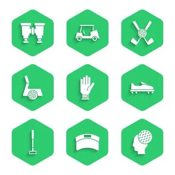 Set Golf glove, Sun visor cap, ball, shoe, club, with, Crossed golf and Bin.. Stock Illustration