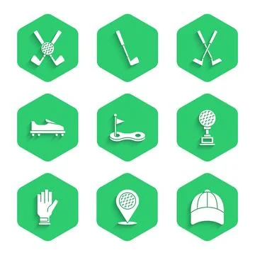Set Golf hole with flag, Location golf sport club, Baseball cap, Award cup,.. Stock Illustration