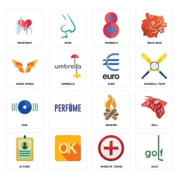 Set of golf, image  cross, id card, bonfire, disk, euro, angel wings, number  Free Stock Illustration