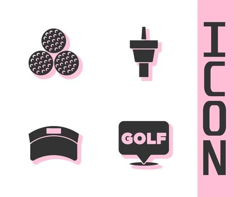 Set Golf label, ball, Sun visor cap and tee icon. Vector Stock Illustration