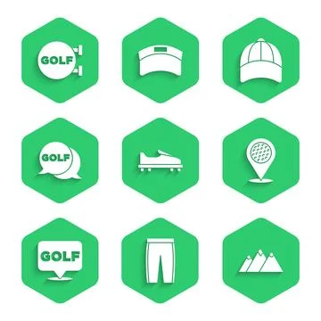 Set Golf shoe, pants, Mountains, Location golf sport club, label, Baseball .. Stock Illustration