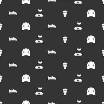 Set Golf tee, Baseball cap, shoe and hole with flag on seamless pattern. Vector Stock Illustration