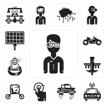 Set of Google glasses, Car, Flying car, Tap, Vehicle, Drone, Smartwatch, Moto Free Stock Illustration