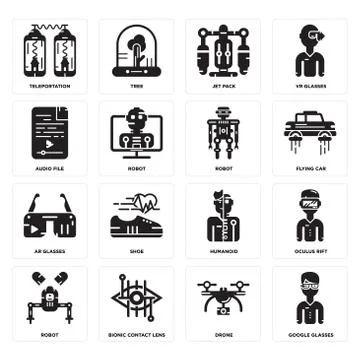 Set of Google glasses, Drone, Robot, Humanoid, Ar Audio file, Jet pack, Telep Illustrazione stock gratuita