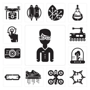 Set of Google glasses, Graphene, Drone, Flying shoes, Oculus rift, Tree, Eye  Free Stock Illustration