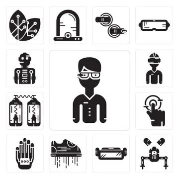 Set of Google glasses, Robot, Ar Flying shoes, Wi gloves, Tap, Teleportation, Free Stock Illustration