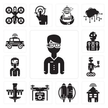 Set of Google glasses, Smart house, Jetpack, Drone, Robot, Augmented reality, Free Stock Illustration