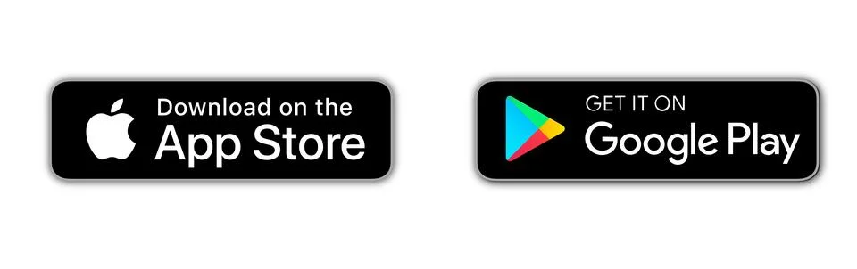 Set of Google Play Store, Apple App Store and Microsoft Store badges. Vector Stock Illustration