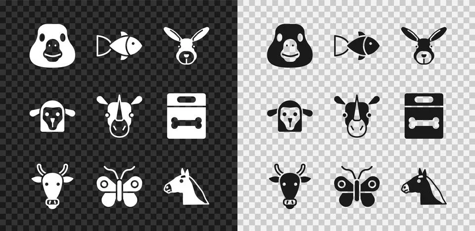 Set Goose bird, Fish, Rabbit head, Cow, Butterfly, Horse, Sheep and Rhinoce.. Stock Illustration