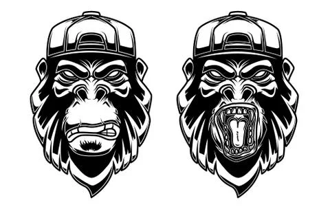 Set of gorilla in baseball cap on white background. Design element for logo, Stock Illustration