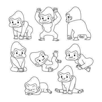 Set of Gorilla doodle collection, gorilla outline coloring page book animal.. Stock Illustration
