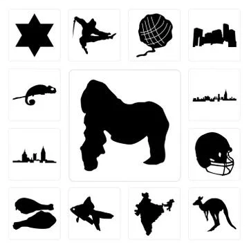Set of gorilla, kangaroo outline on white background, india, goldfish, turkey 무료 스톡 일러스트