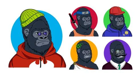 Set of Gorilla NFT concepts in different styles Stock Illustration