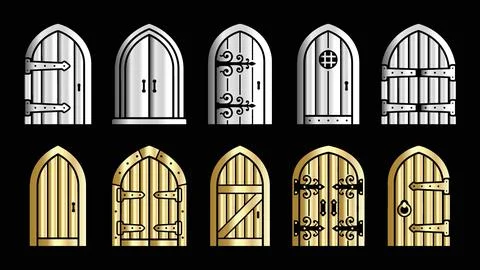 Set of gothic arched doors in silver and gold metallic finishes for fantasy.. Stock Illustration