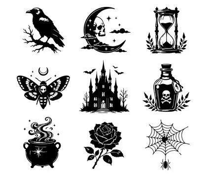 Set of gothic black and white illustrations featuring crow moon skull hourglass Stock Illustration