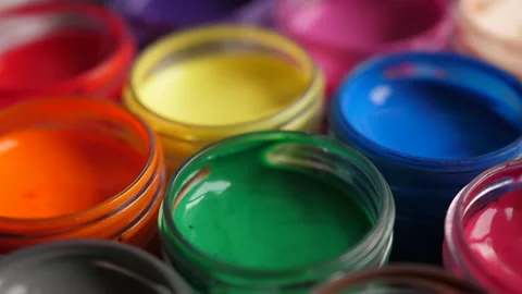 Set Gouache Paints in Jars Bright Color Close Up. Stock Footage 166392094