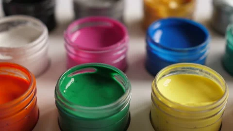 Set Gouache Paints in Jars Bright Color Close Up. Set of Multicolor Gouache on 스톡 동영상 210225695