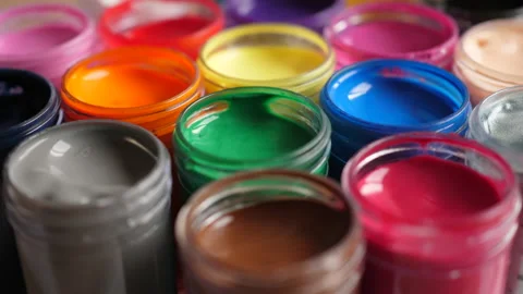 Set Gouache Paints in Jars Bright Color Close Up. Rotation Set of Multicolor 스톡 동영상 213911617