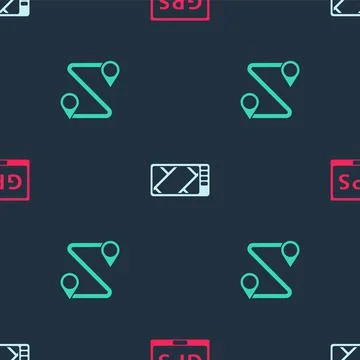 Set Gps device with map, and Route location on seamless pattern. Vector Illustrazione stock