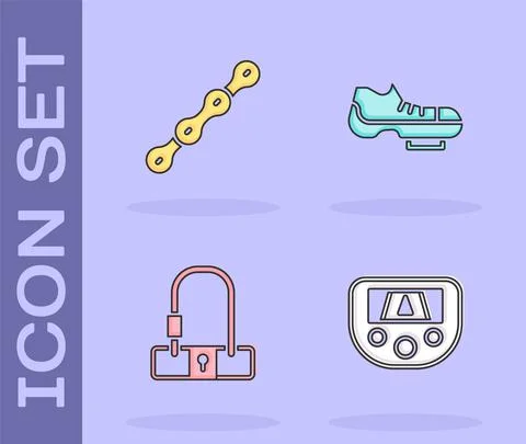Set Gps device with map, Bicycle chain, lock and shoes icon. Vector Ilustración de archivo