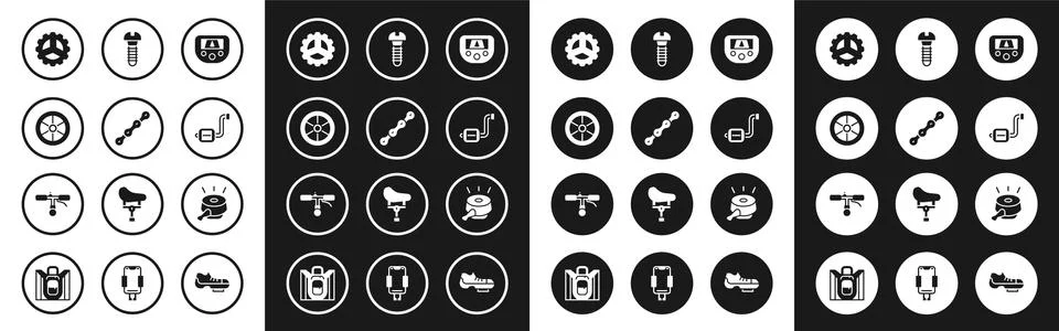 Set Gps device with map, Bicycle chain, wheel, sprocket crank, pedal, Metallic Ilustración de archivo