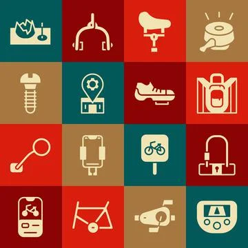 Set Gps device with map, Bicycle lock, Hiking backpack, seat, repair service Ilustración de archivo