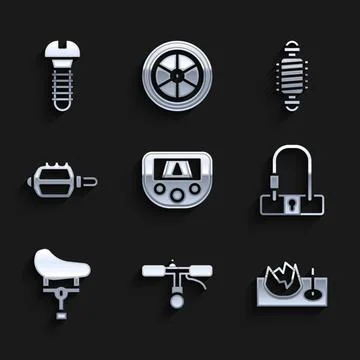 Set Gps device with map, Bicycle handlebar, on street ramp, lock, seat, pedal Ilustración de archivo