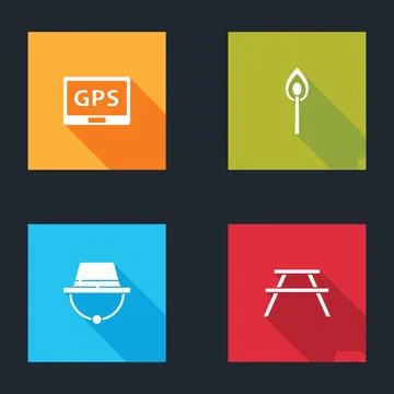 Set Gps device with map, Burning match fire, Camping hat and Picnic table ben Stock Illustration