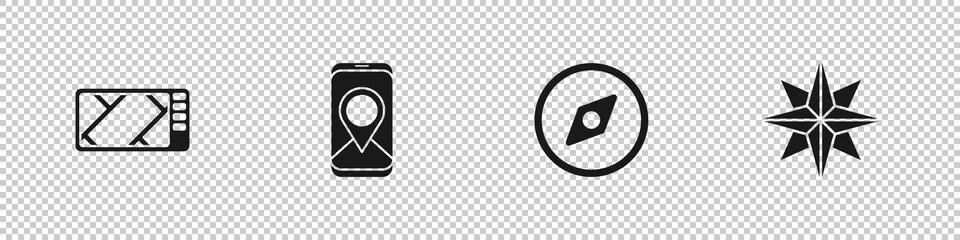 Set Gps device with map, City navigation, Compass and Wind rose icon. Vector Stock Illustration