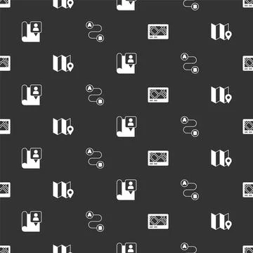 Set Gps device with map Folded location marker and Route on seamless pattern. Illustrazione stock