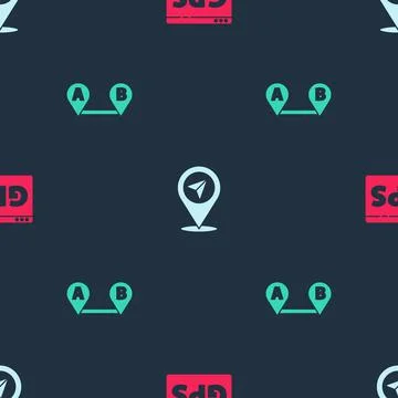 Set Gps device with map, Location and Route location on seamless pattern. Vector Stock Illustration