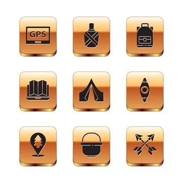 Set Gps device with map, Location of the forest, Camping pot, Tourist tent Stock Illustration