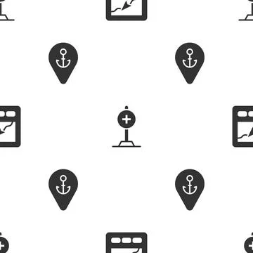 Set Gps device with map, Location cross hospital and anchor on seamless pat.. Stock Illustration