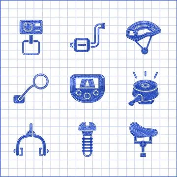 Set Gps device with map, Metallic screw, Bicycle seat, bell, brake calipers Ilustración de archivo