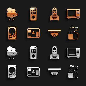 Set Gps device with map, Microwave oven, Charger, Motion sensor, Hard disk drive Illustrazione stock