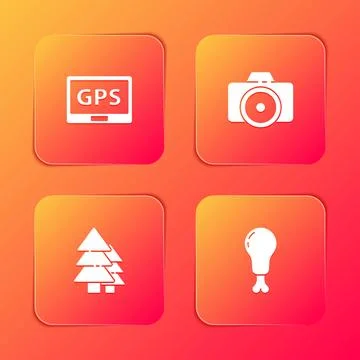 Set Gps device with map, Photo camera, Tree and Chicken leg icon. Vector Stock Illustration