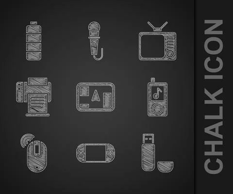 Set Gps device with map, Portable video game console, USB flash drive, Music Stock Illustration