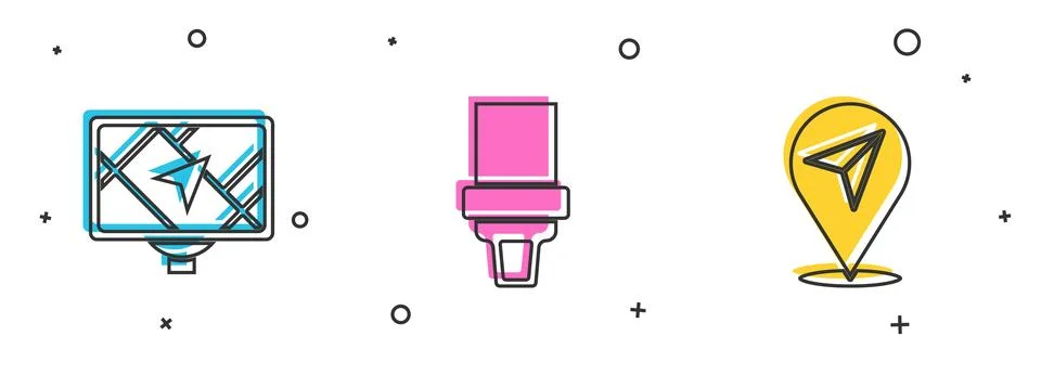 Set Gps device with map, Safety belt and Location icon. Vector Stock Illustration