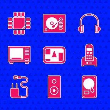Set Gps device with map, Stereo speaker, Hard disk drive HDD, Telephone, Charger Stock Illustration