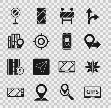 Set Gps device with map, Wind rose, Location, Road barrier, Target sport, h.. Stock Illustration