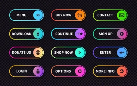 Set of gradient action buttons. Flat web submit form, modern transition sign Ilustração Stock