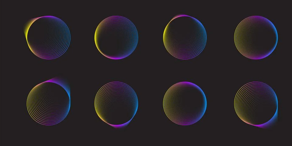 Set of gradient lighting circles isolated on black background Stock Illustration
