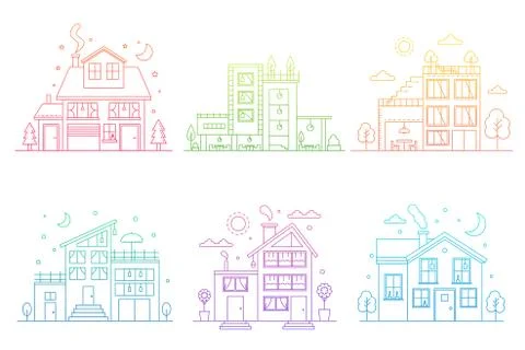 Set of gradient line urban and suburban houses isolated outline vector Illustrazione stock