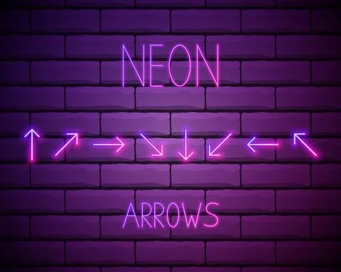 Set of gradient neon arrows isolated on brick wall background. Vector illustr Stock Illustration