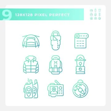 Set of gradient pixel perfect hiking gear linear icons 스톡 일러스트
