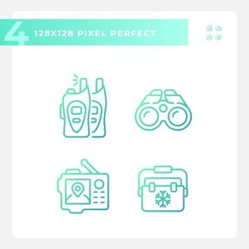 Set of gradient pixel perfect hiking gear linear icons 스톡 일러스트