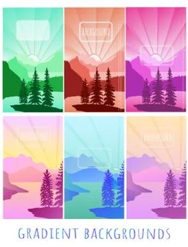 Set of Gradient vector backgrounds -  landscapes  with spruces for website,   Stock Illustration