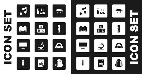 Set Graduation cap, ABC blocks, Open book, Music note, tone, Ruler, Test tube Stock Illustration